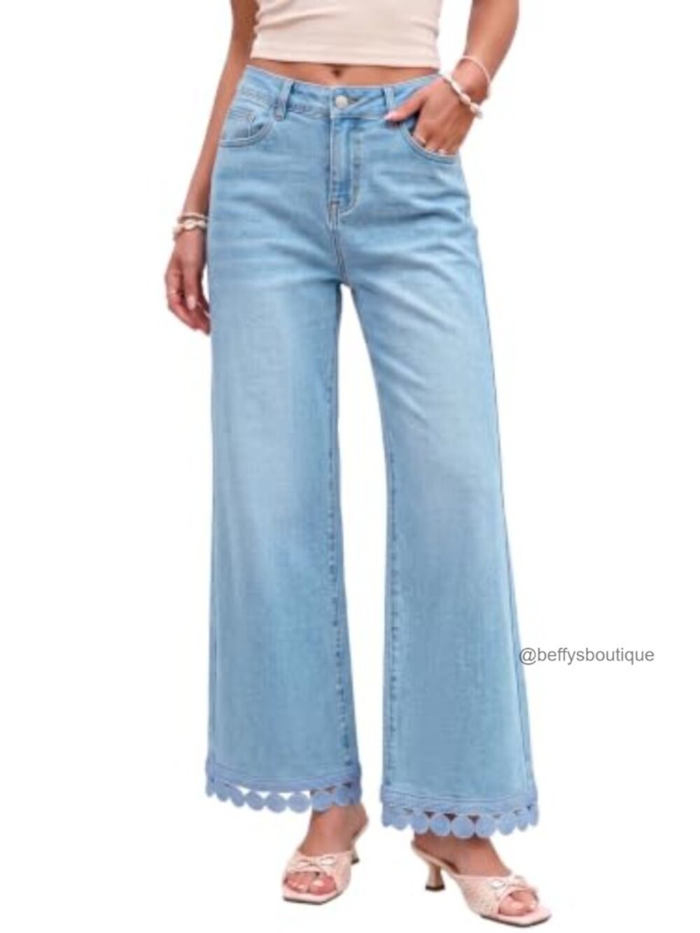 Wide Leg Stretchy Denim Jeans Lace Hem High Rise Ankle Pants